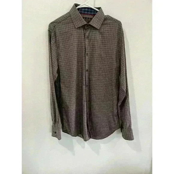 James Tattersall Shirt Mens Dress Large Brown Plaid Check Button Up Long Sleeve - Picture 1 of 4
